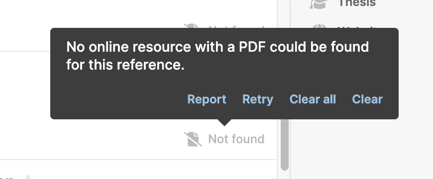 A “Not found” status on a reference with a tooltip reading “No online resource with a PDF could be found for this reference.” and Report, Retry, “Clear all” and Clear links.